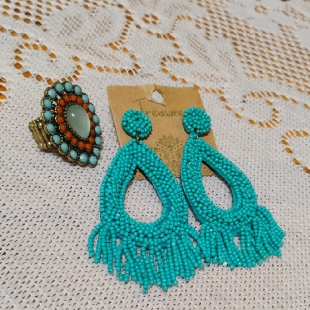 Treasure Turquoise Beaded Teardrop Earrings + Blue & Coral Stretch Ring BUNDLE